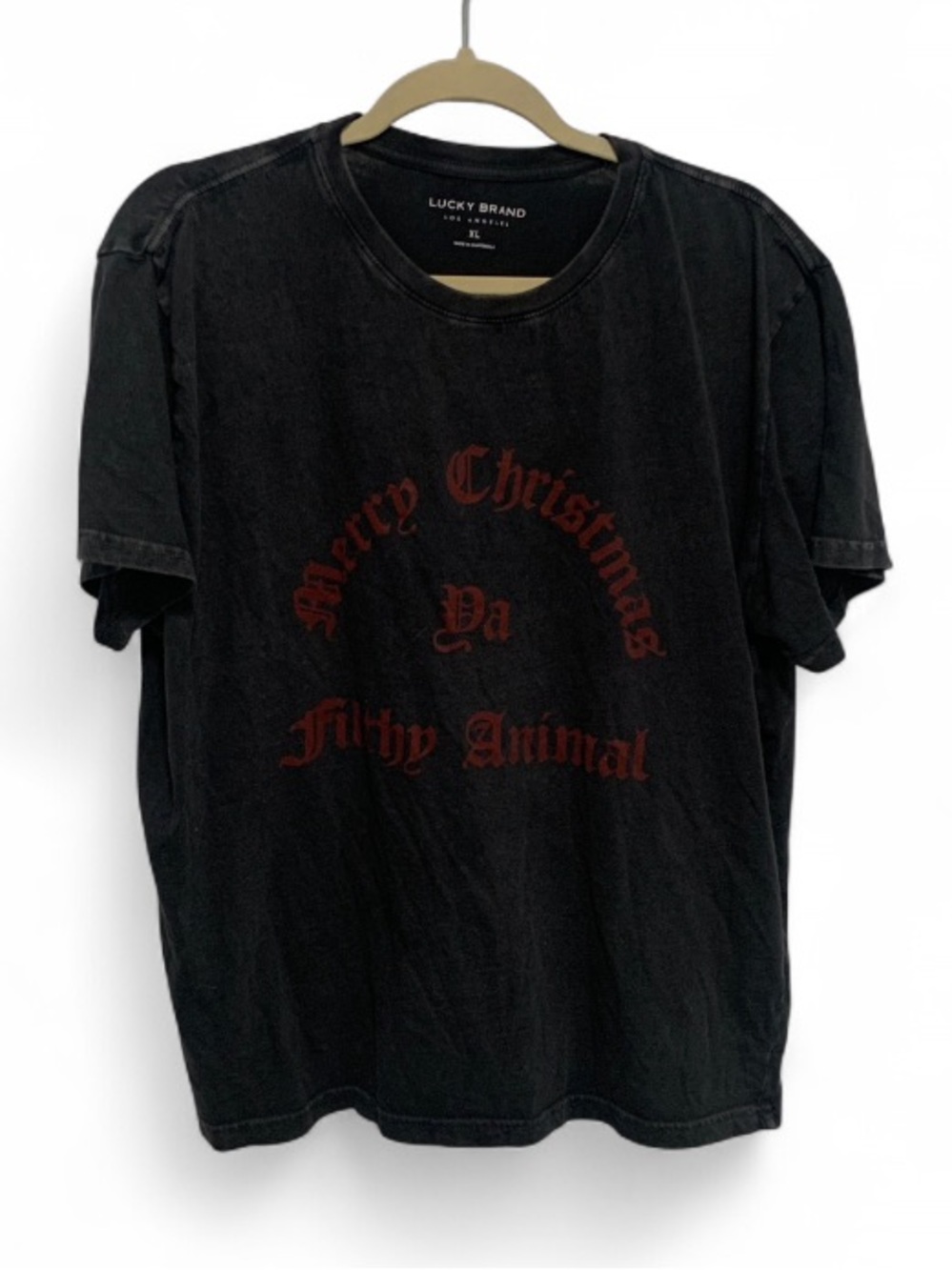 Lucky Brand Merry Christmas Ya Filthy Animal Dark Gray Short Sleeve Tee Shirt